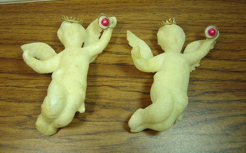 2 VINTAGE GLITTERED BELL RINGING ANGELS WITH GOLD CROWNS
